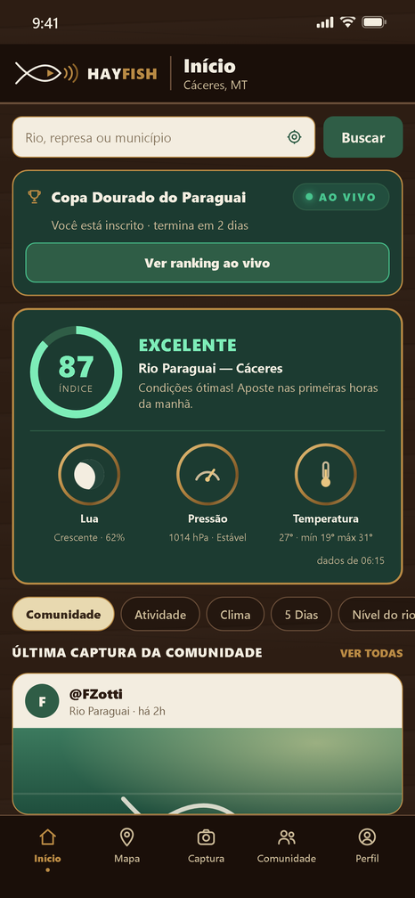 Painel de condições de pesca no HayFish